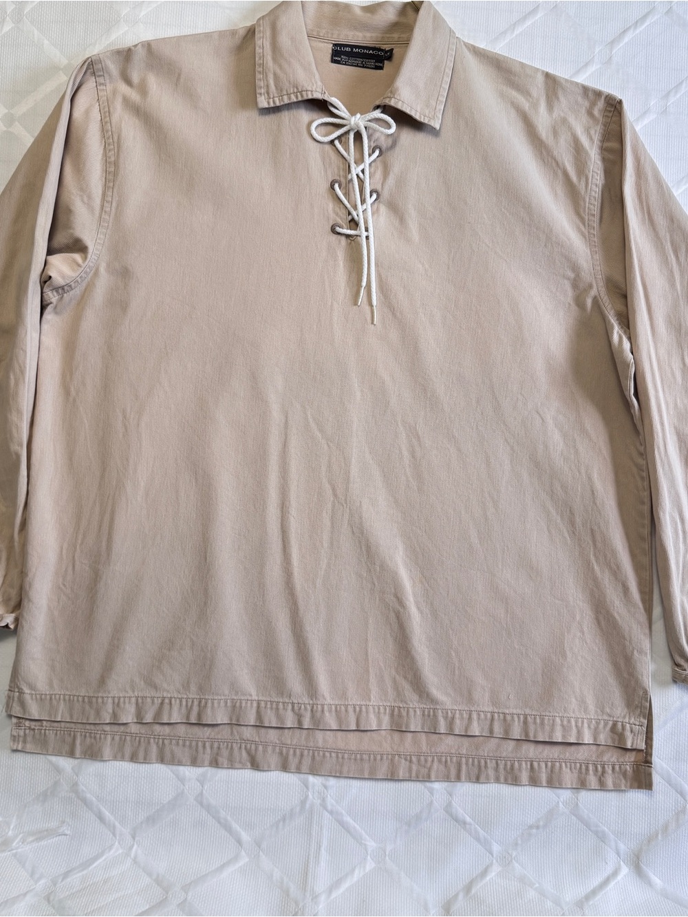 Club Monaco Beige Lace Up Pullover Top Large 100% Cotton Made Hong Kong